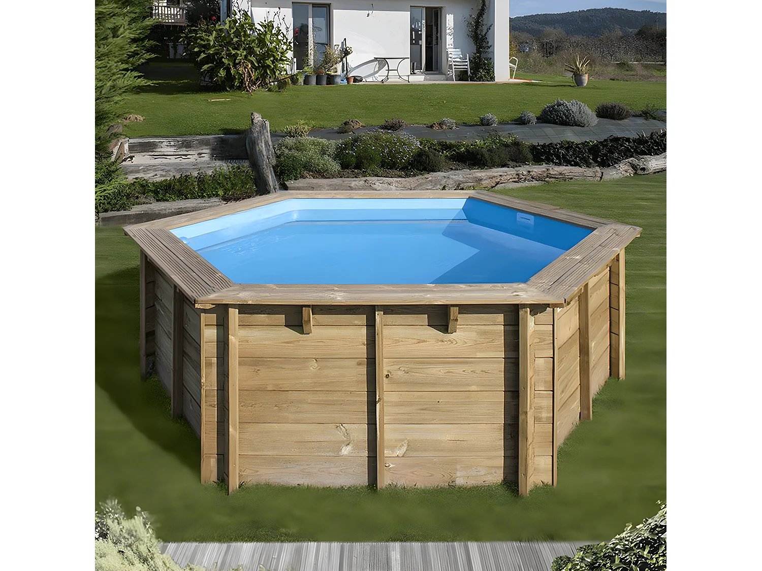 WATERCLIP - Piscine bois hexagonale Ø395cm -v7.5m2 - Autoclave IV - Liner 60/100 - Rainurée languette - Filtration 4m3/h + Echelle - EWEN