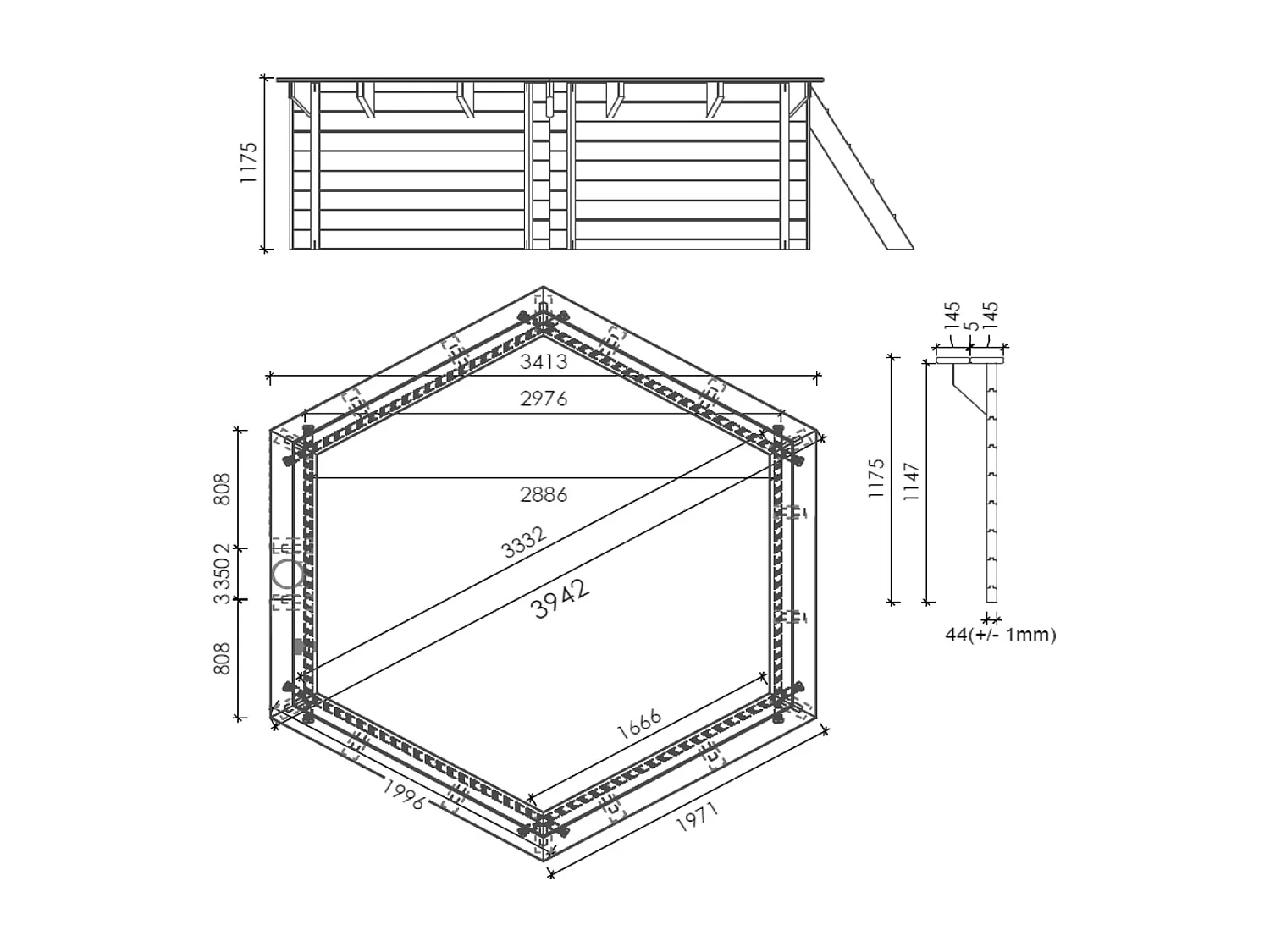 WATERCLIP - Piscine bois hexagonale Ø395cm -v7.5m2 - Autoclave IV - Liner 60/100 - Rainurée languette - Filtration 4m3/h + Echelle - EWEN