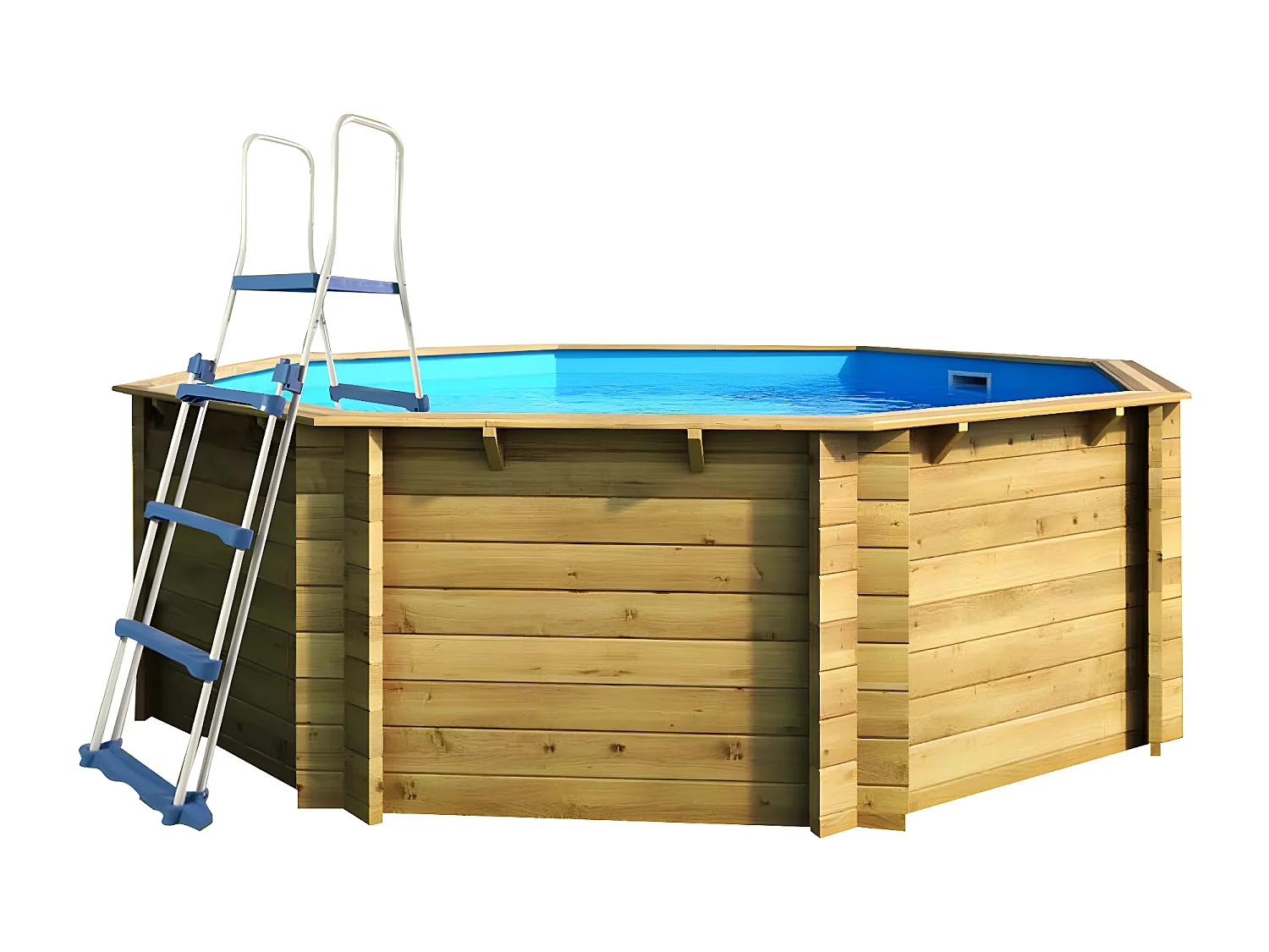 WATERCLIP - Piscine bois hexagonale Ø395cm -v7.5m2 - Autoclave IV - Liner 60/100 - Rainurée languette - Filtration 4m3/h + Echelle - EWEN