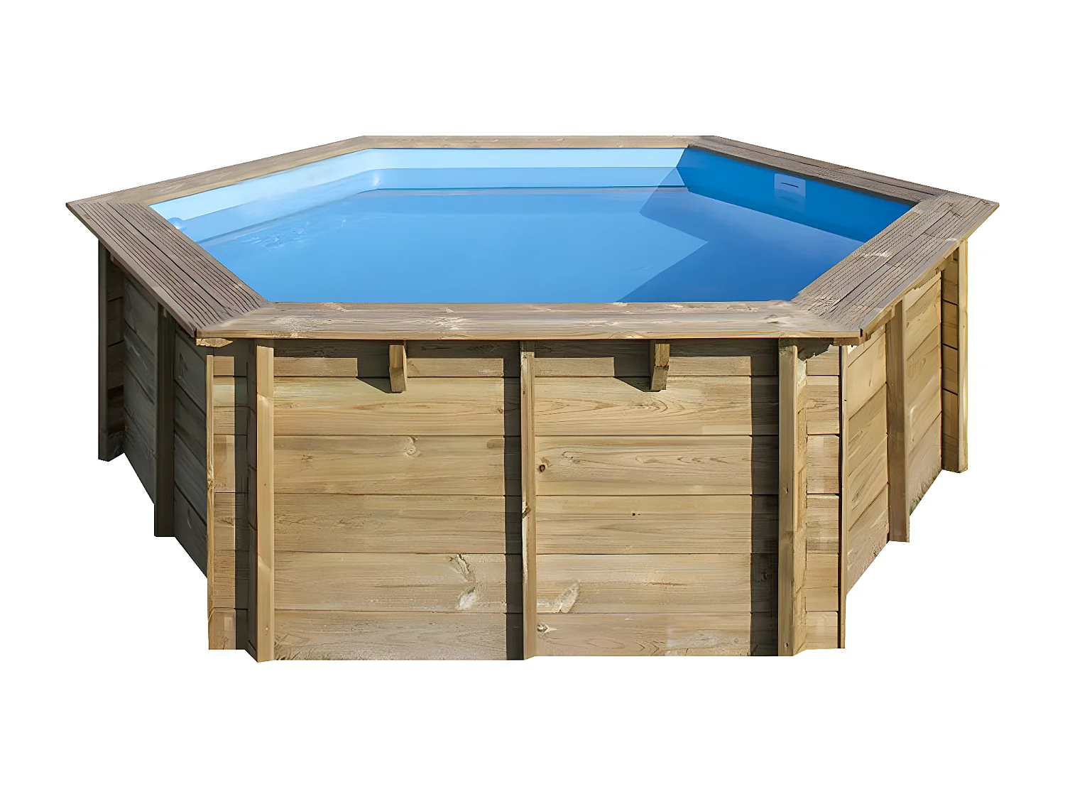 WATERCLIP - Piscine bois hexagonale Ø395cm -v7.5m2 - Autoclave IV - Liner 60/100 - Rainurée languette - Filtration 4m3/h + Echelle - EWEN