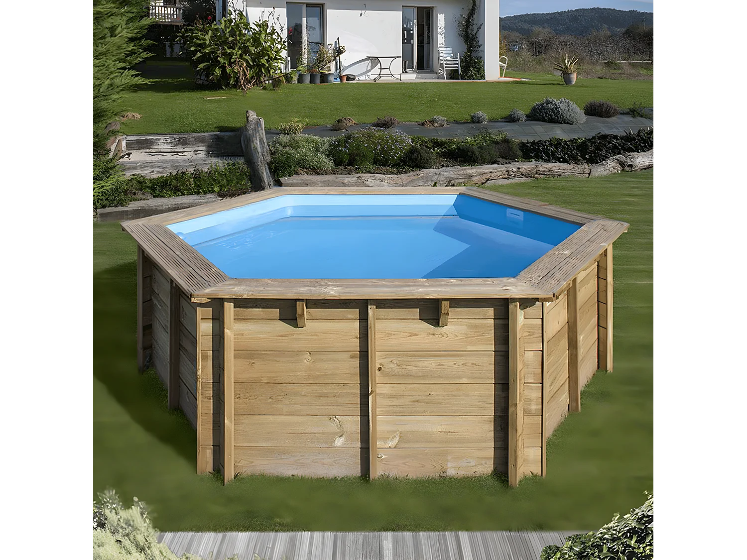 WATERCLIP - Piscine bois hexagonale Ø395cm -v7.5m2 - Autoclave IV - Liner 60/100 - Rainurée languette - Filtration 4m3/h + Echelle - EWEN