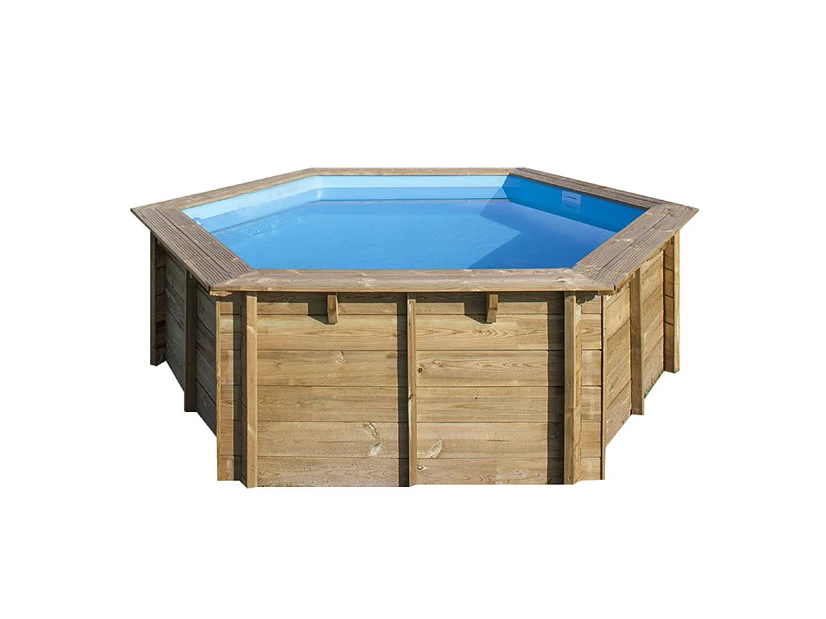 WATERCLIP - Piscine bois hexagonale Ø395cm -v7.5m2 - Autoclave IV - Liner 60/100 - Rainurée languette - Filtration 4m3/h + Echelle - EWEN