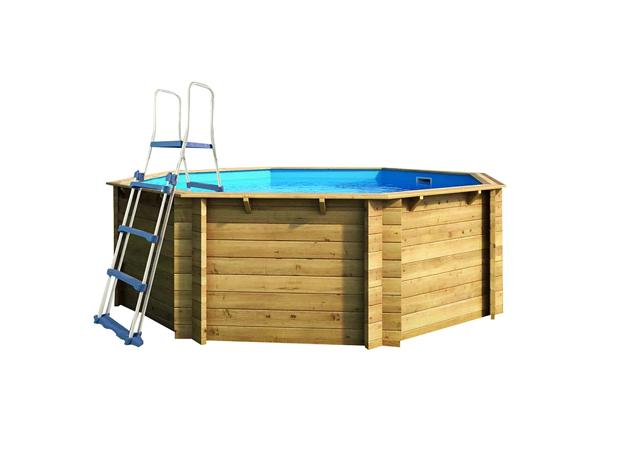 WATERCLIP - Piscine bois hexagonale Ø395cm -v7.5m2 - Autoclave IV - Liner 60/100 - Rainurée languette - Filtration 4m3/h + Echelle - EWEN
