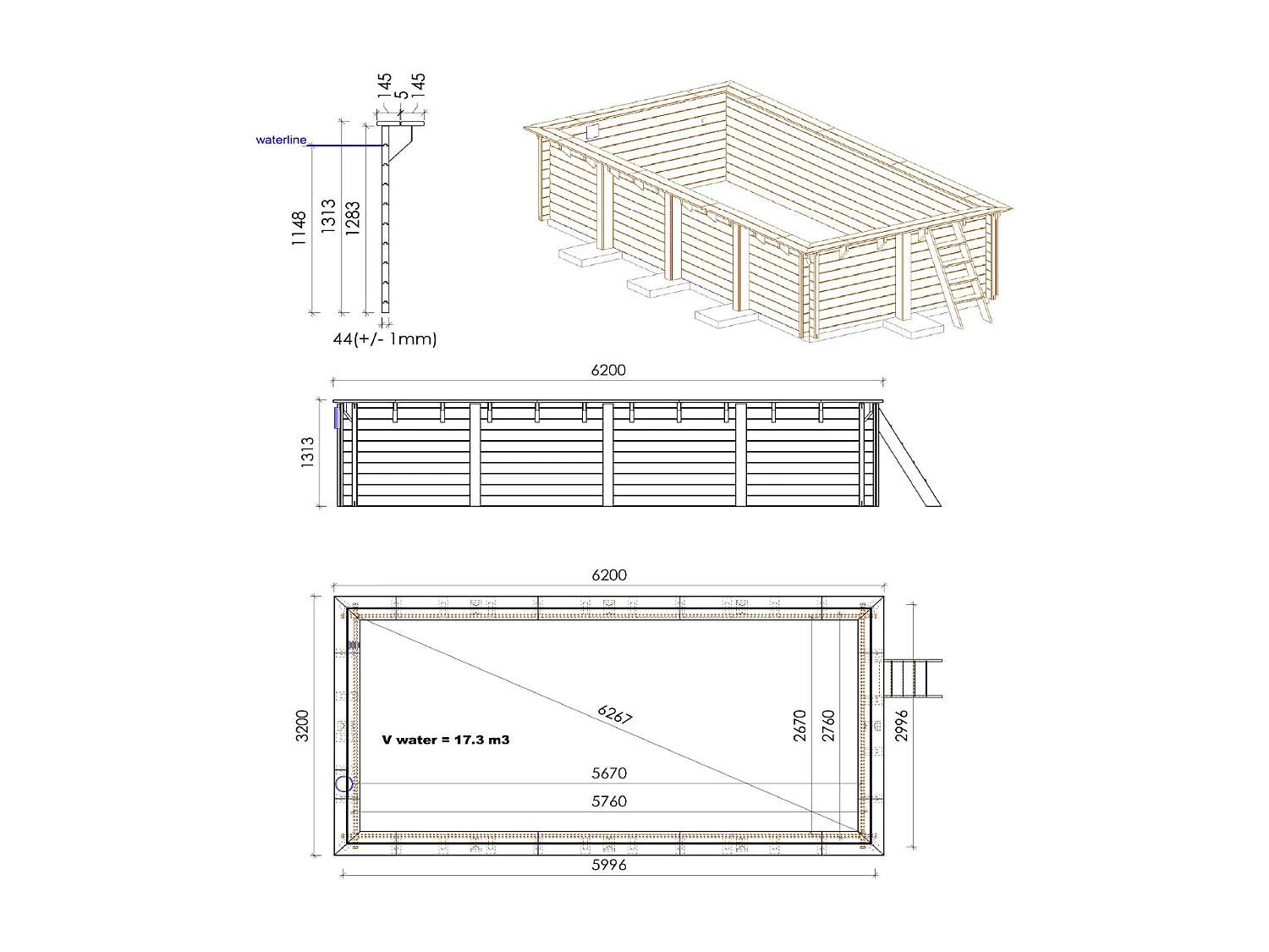 WATERCLIP - Piscine bois rectangulaire 620 x 300 cm - Autoclave IV - Liner 70/100 - Rainurée languette + Filtration 11m3/h + Echelle - ELLY