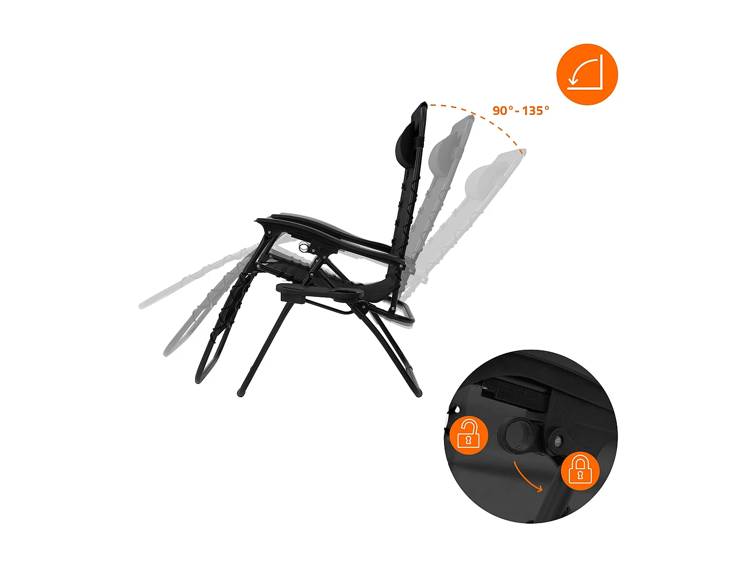 Tumbona plegable negra silla de playa o piscina con reposacabezas y portavasos