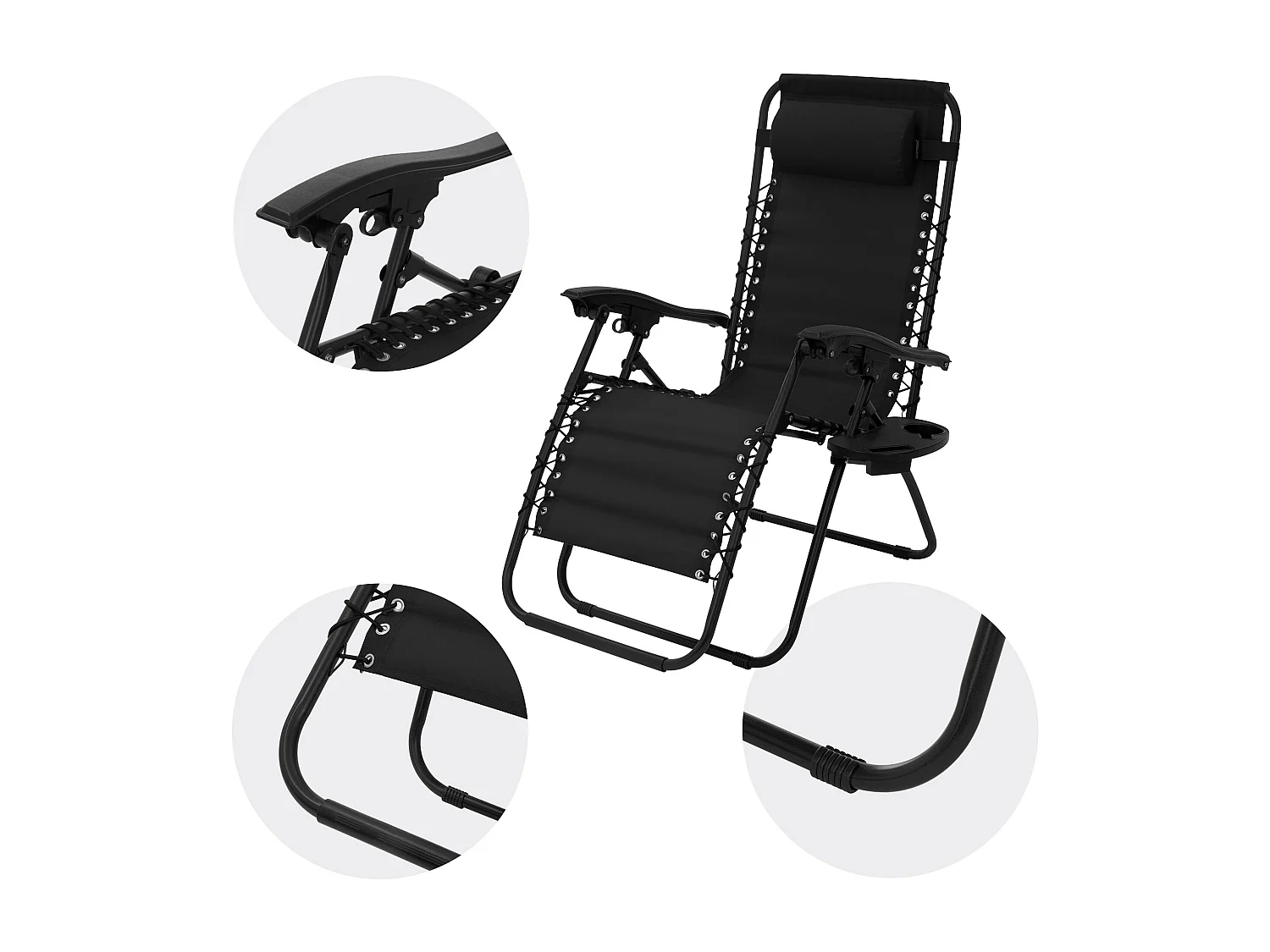 Tumbona plegable negra silla de playa o piscina con reposacabezas y portavasos