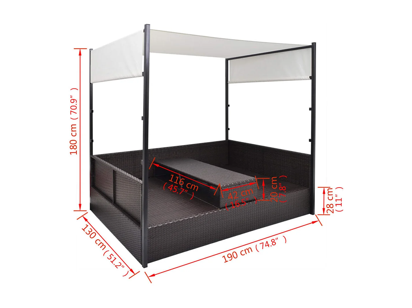 Gartenbett mit Baldachin Braun 190×130 cm Poly Rattan
