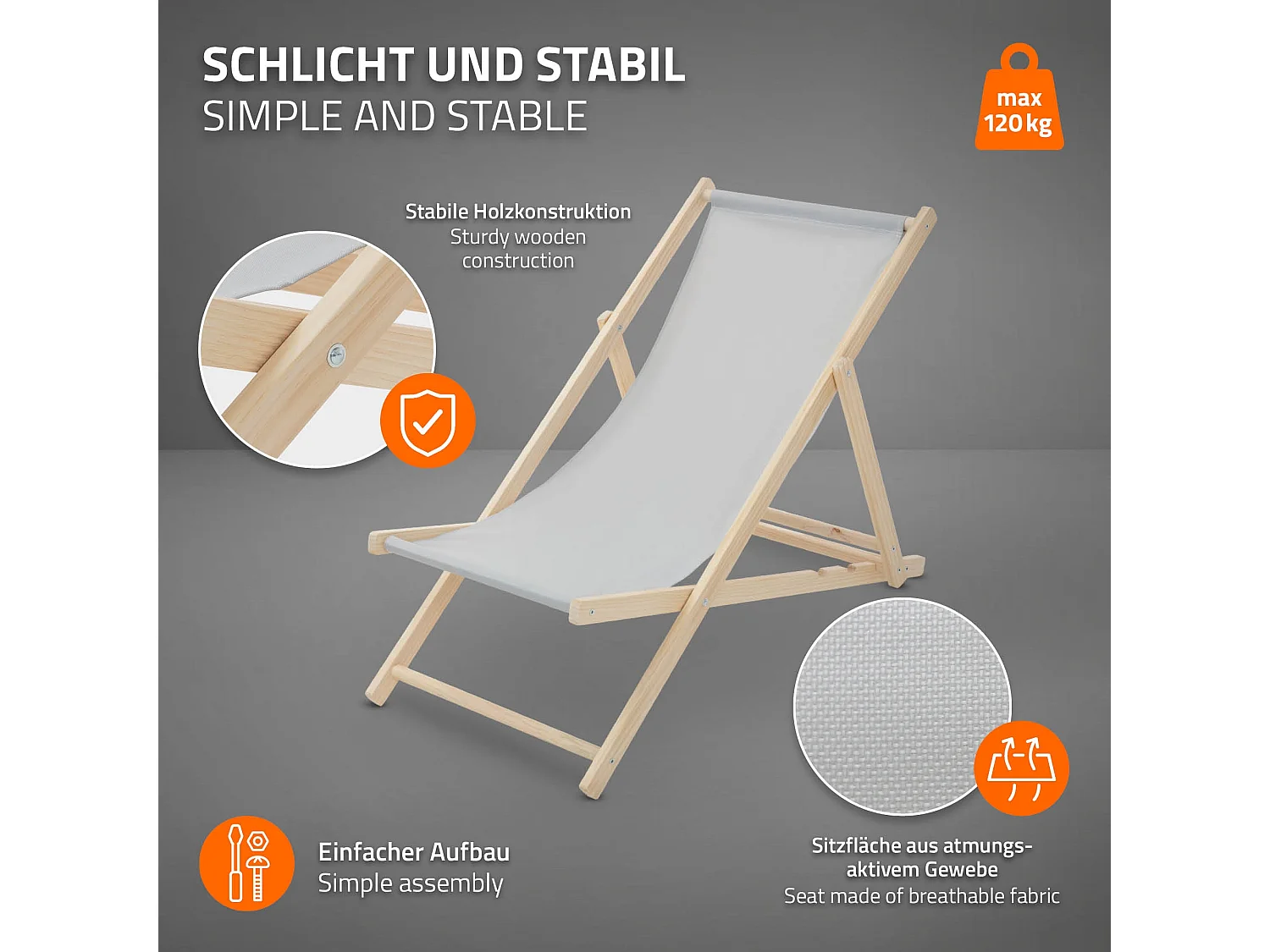 ECD Germany Set 2 sedie a sdraio grigio chiaro in legno, schienale regolabile 3 posizioni, pieghevole fino a 120 kg esterno giardino spiaggia
