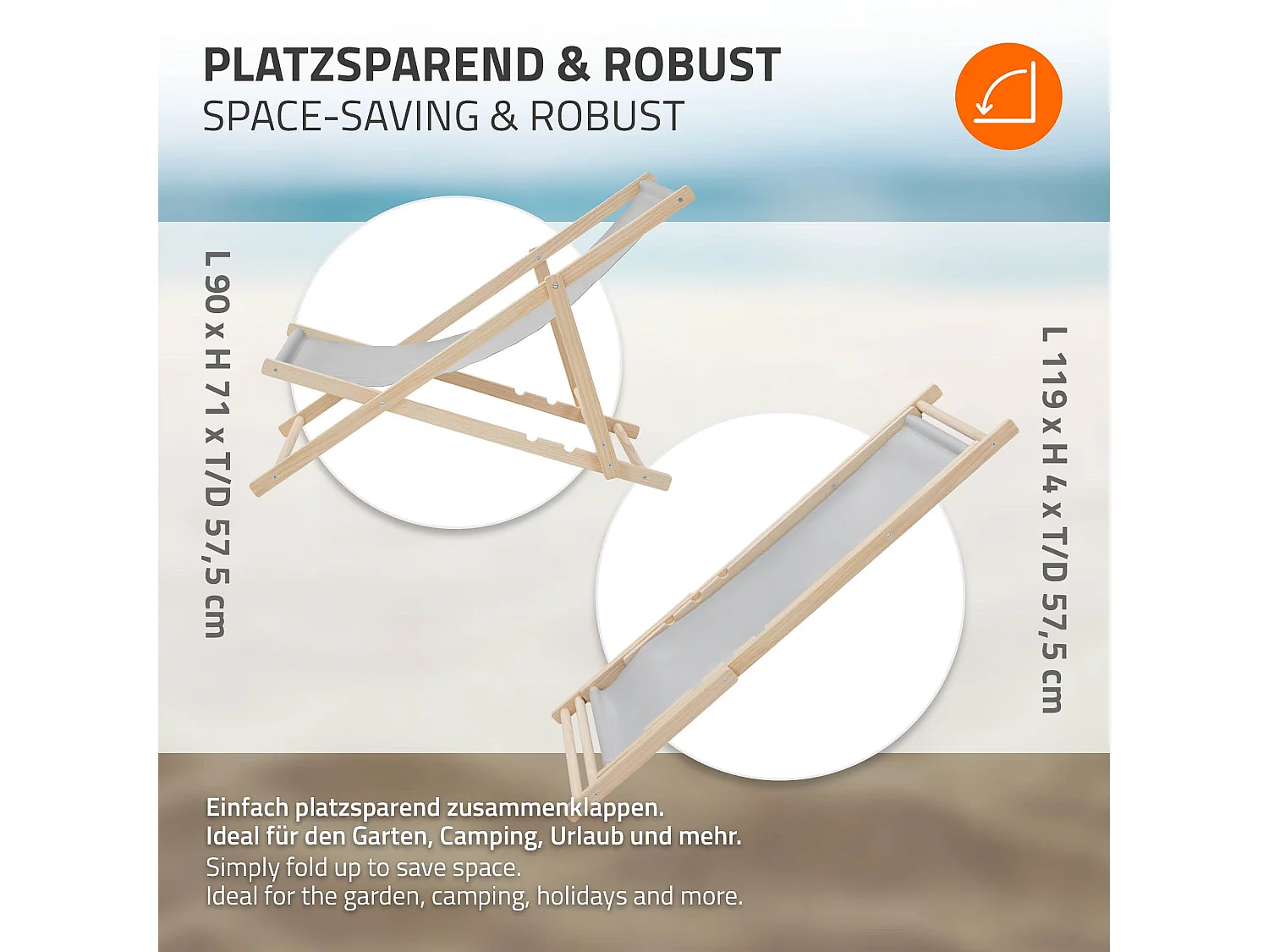 ECD Germany Set 2 sedie a sdraio grigio chiaro in legno, schienale regolabile 3 posizioni, pieghevole fino a 120 kg esterno giardino spiaggia