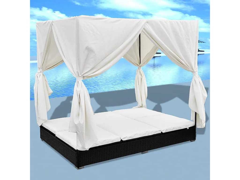 Outdoor-Loungebett mit Vorhang Poly Rattan Schwarz