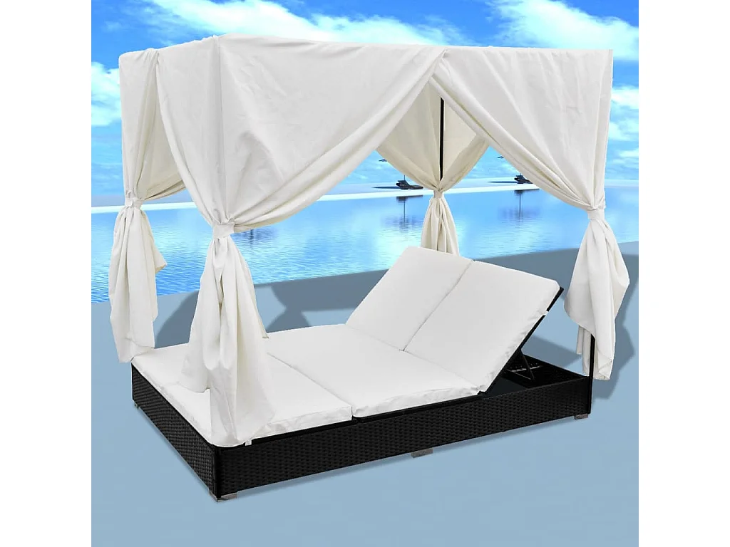 Outdoor-Loungebett mit Vorhang Poly Rattan Schwarz