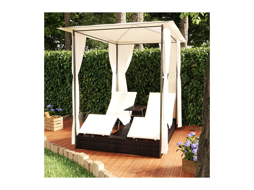 Chaise longue double avec rideaux Résine tressée Marron