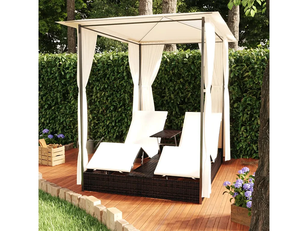 Ligbed tweepersoons met gordijnen poly rattan bruin