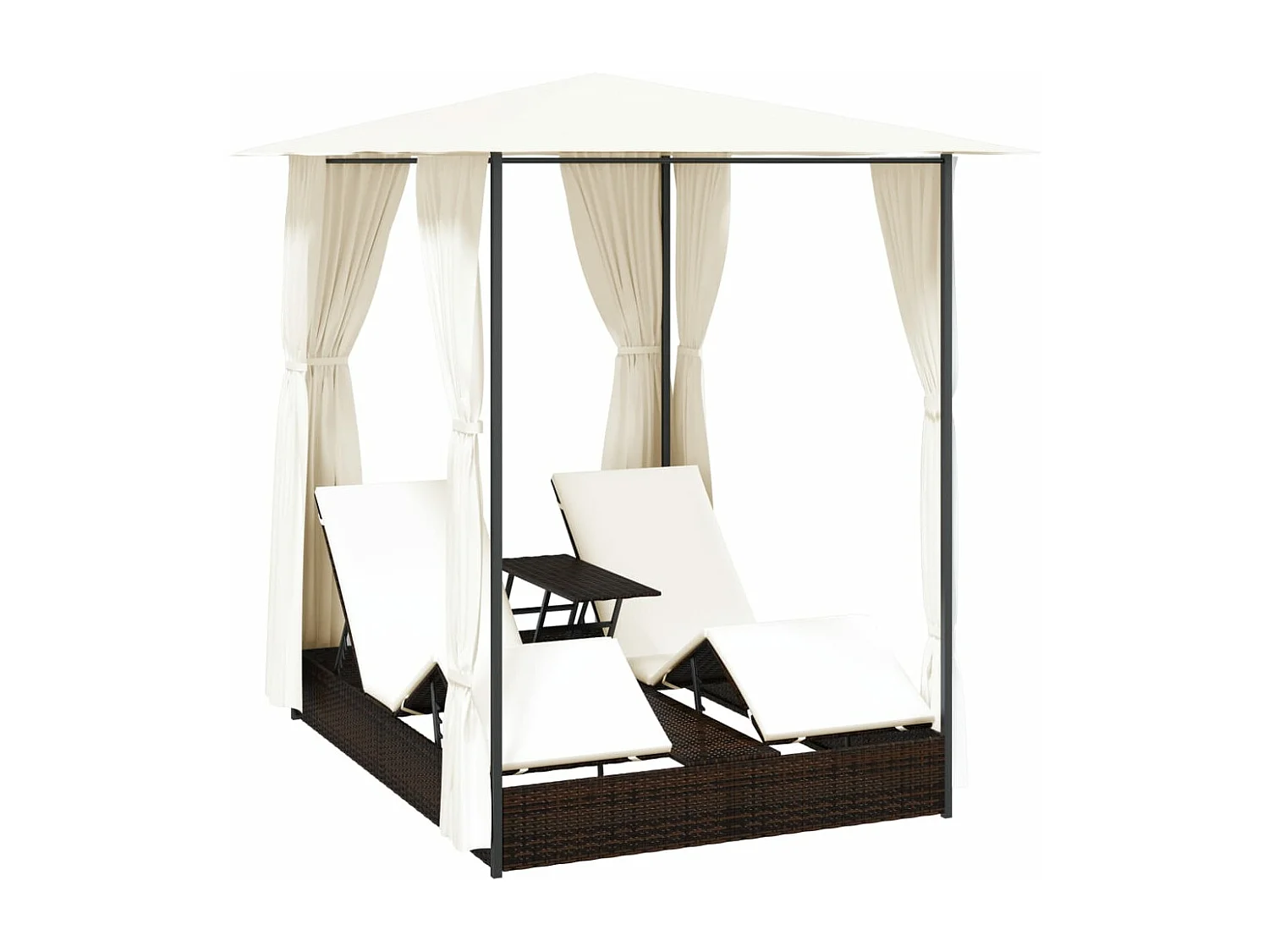 Ligbed tweepersoons met gordijnen poly rattan bruin