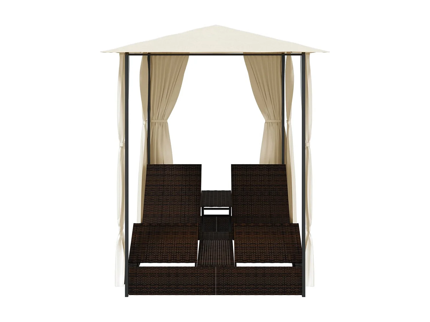 Ligbed tweepersoons met gordijnen poly rattan bruin