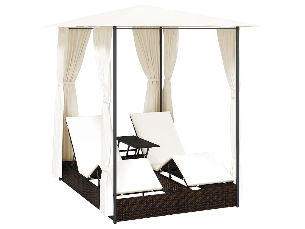 Chaise longue double avec rideaux Résine tressée Marron