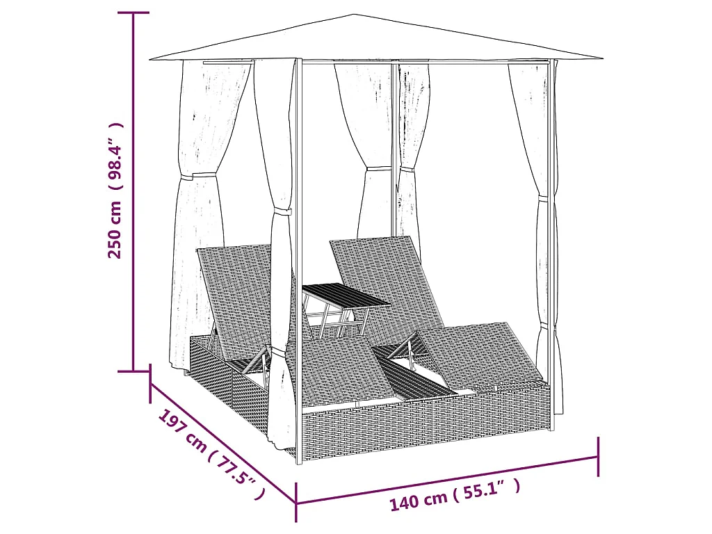 Chaise longue double avec rideaux Résine tressée Marron