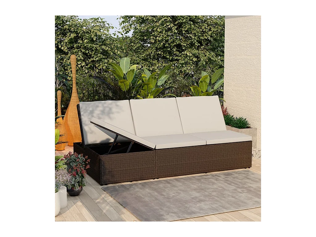 Ligbed met kussen converteerbaar poly rattan bruin
