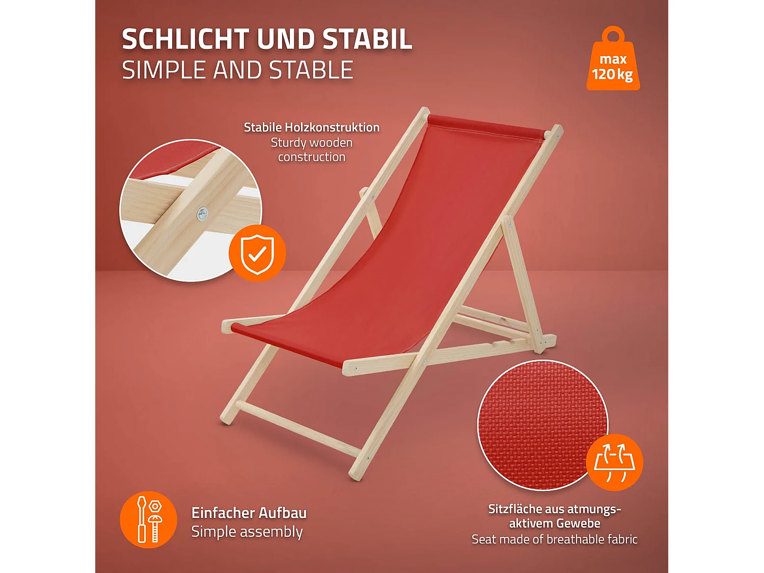 ECD Germany Set 2 sedie a sdraio rosso in legno, regolabile 3 posizioni, prendisole, pieghevoli, fino a 120 kg, esterno spiaggia giardino balcone