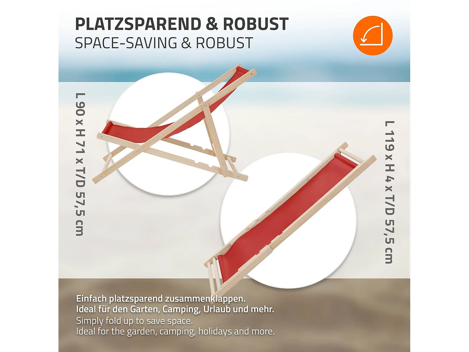 ECD Germany Set 2 sedie a sdraio rosso in legno, regolabile 3 posizioni, prendisole, pieghevoli, fino a 120 kg, esterno spiaggia giardino balcone