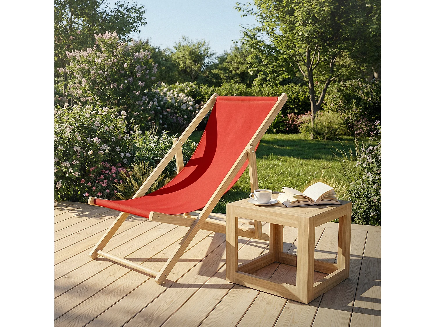 ECD Germany Set 2 sedie a sdraio rosso in legno, regolabile 3 posizioni, prendisole, pieghevoli, fino a 120 kg, esterno spiaggia giardino balcone
