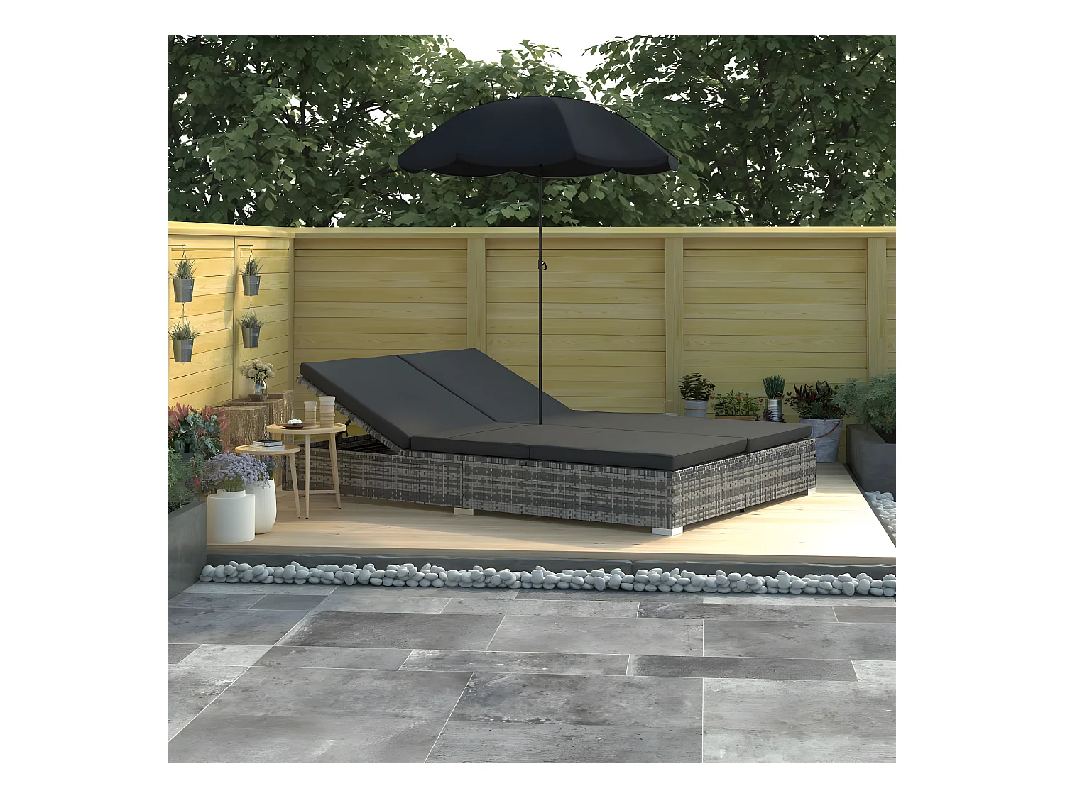 Chaise longue d'extérieur avec parasol Résine tressée Gris