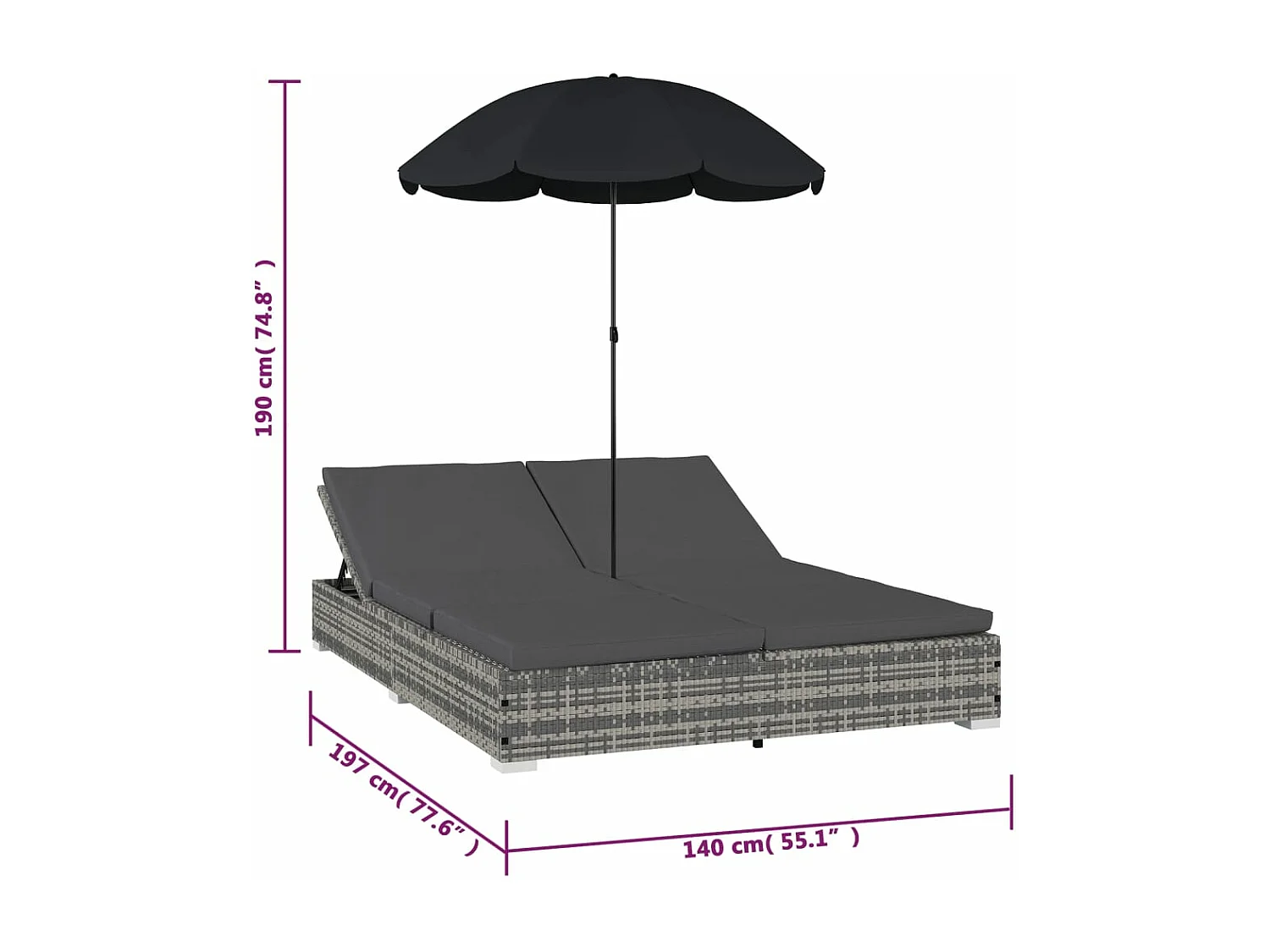 Chaise longue d'extérieur avec parasol Résine tressée Gris