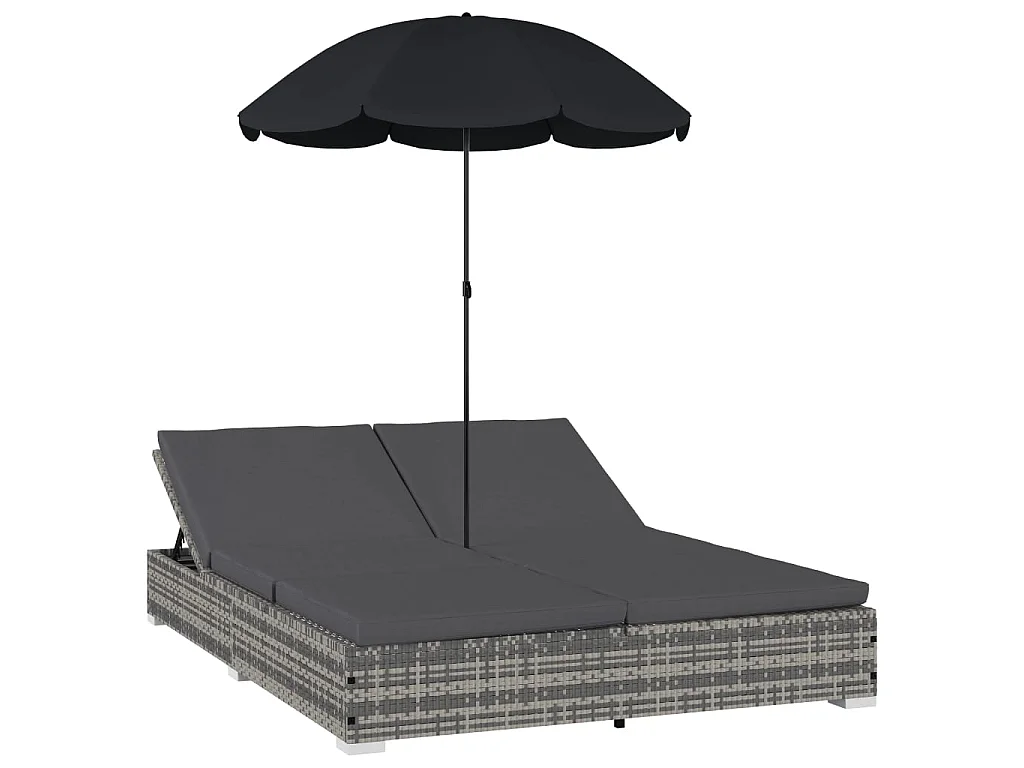Chaise longue d'extérieur avec parasol Résine tressée Gris