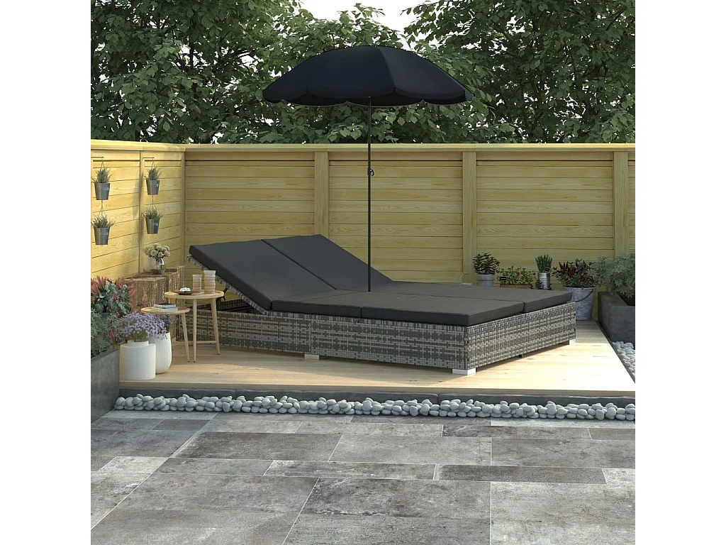 Chaise longue d'extérieur avec parasol Résine tressée Gris