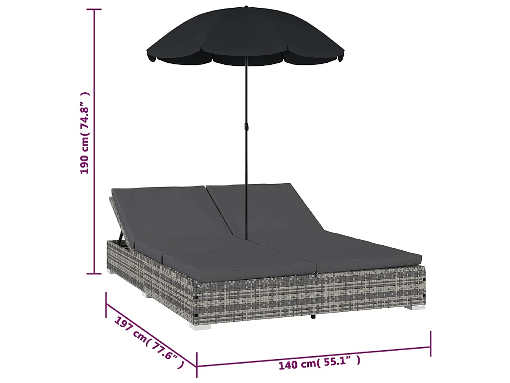Chaise longue d'extérieur avec parasol Résine tressée Gris