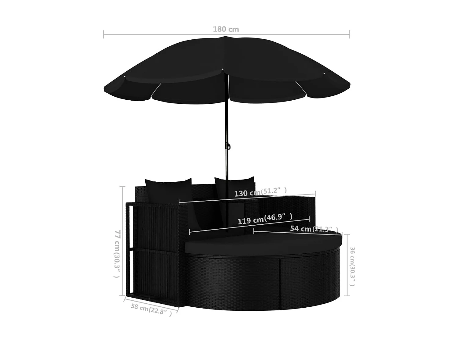 Gartenbett mit Sonnenschirm Poly Rattan Schwarz