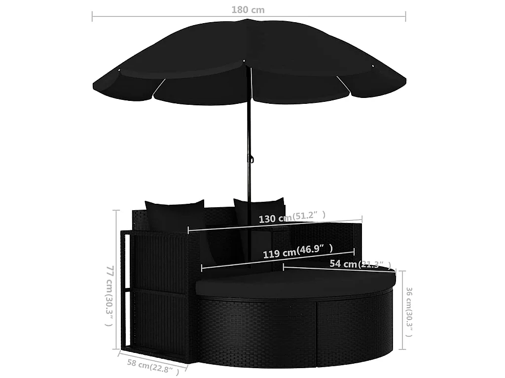 Gartenbett mit Sonnenschirm Poly Rattan Schwarz