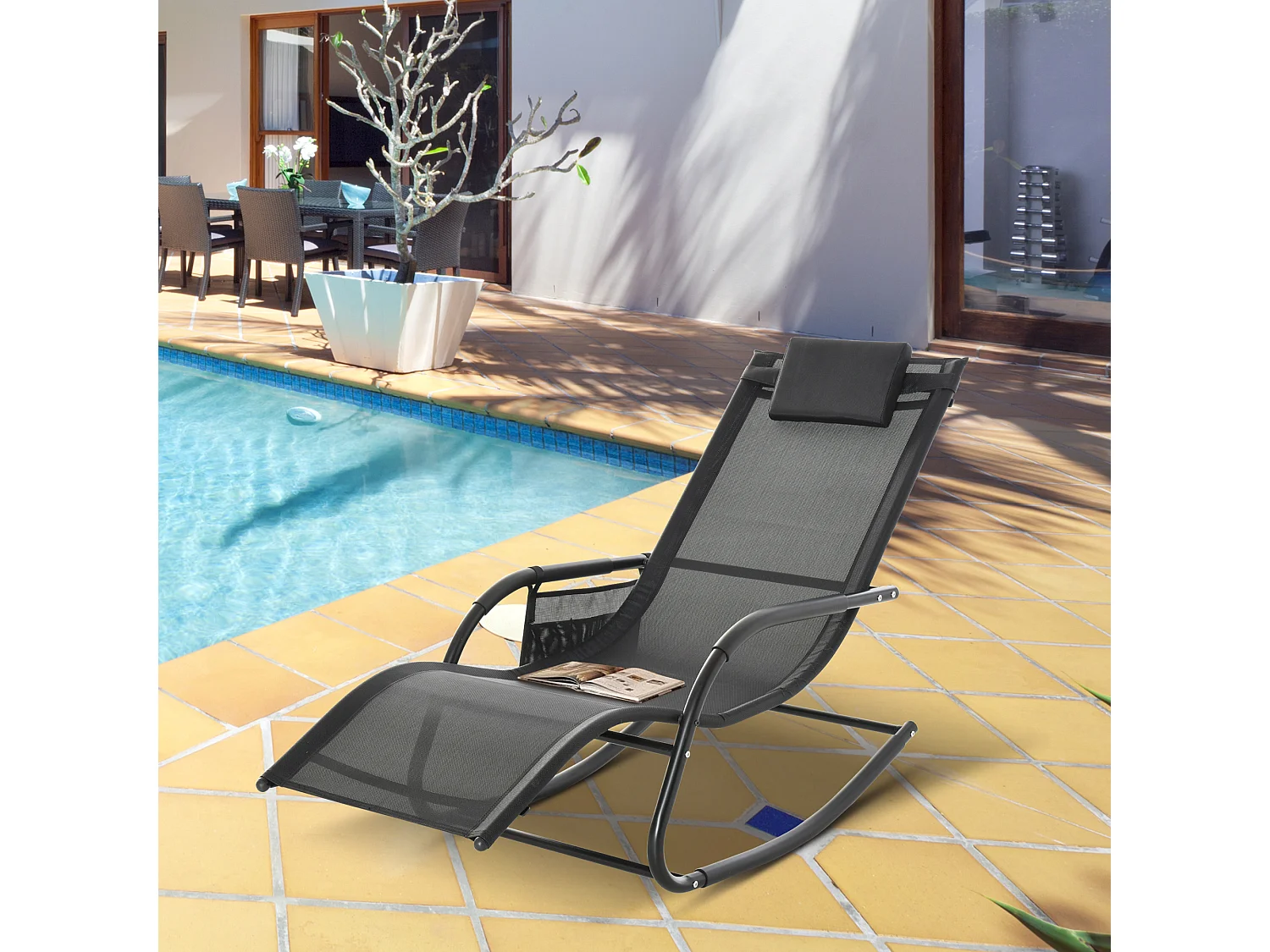 Chaise longue à bascule - rocking chair ergonomique - tétière amovible, accoudoirs, pochette rangement - métal époxy textilène noir