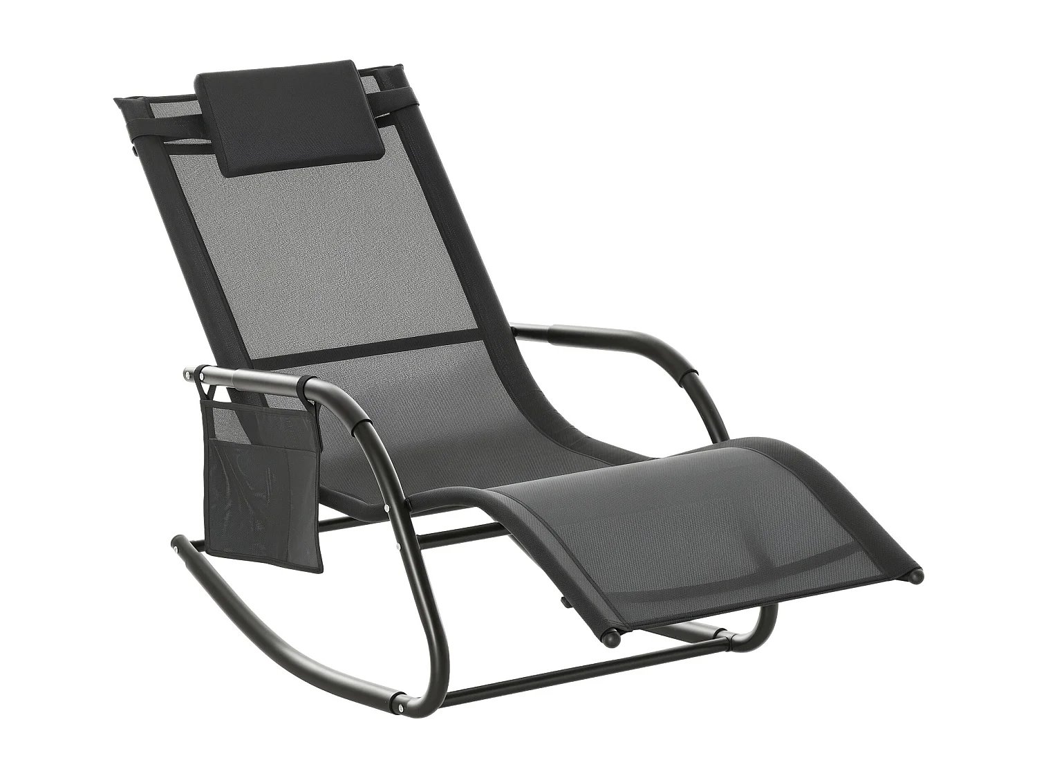 Chaise longue à bascule - rocking chair ergonomique - tétière amovible, accoudoirs, pochette rangement - métal époxy textilène noir