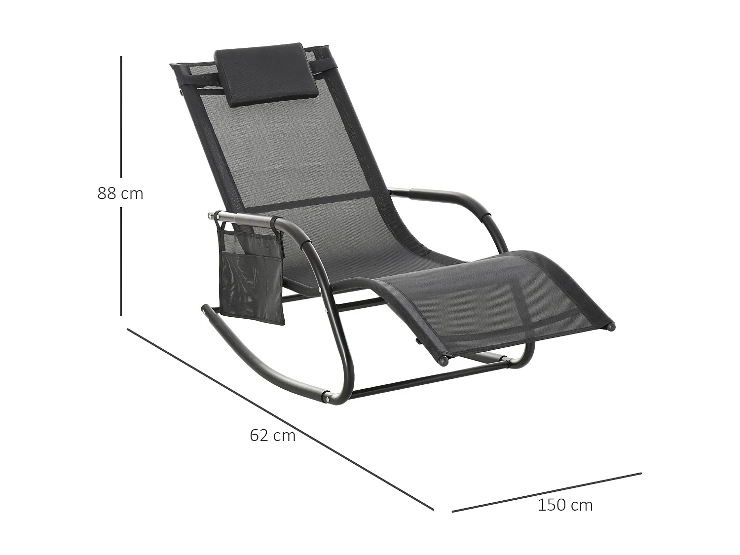 Chaise longue à bascule - rocking chair ergonomique - tétière amovible, accoudoirs, pochette rangement - métal époxy textilène noir