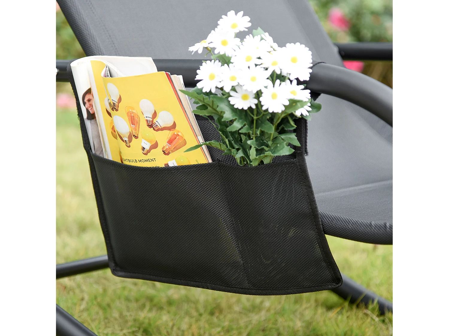 Chaise longue à bascule - rocking chair ergonomique - tétière amovible, accoudoirs, pochette rangement - métal époxy textilène noir