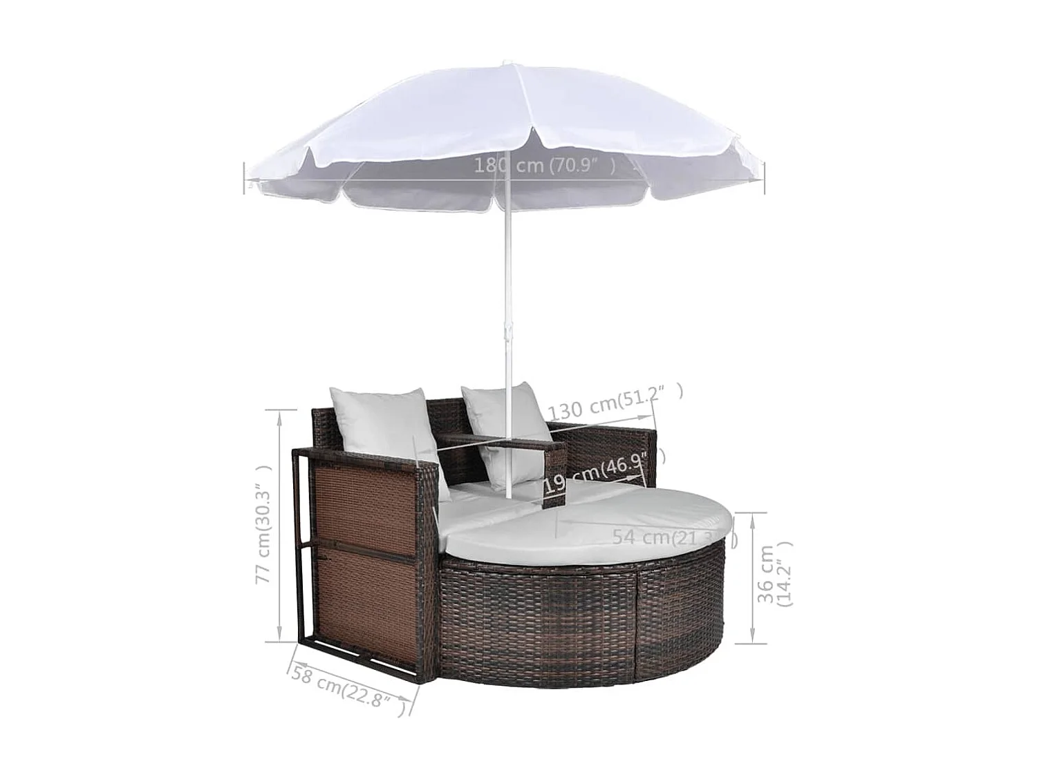 Lettino da Giardino con Ombrellone Marrone in Polyrattan