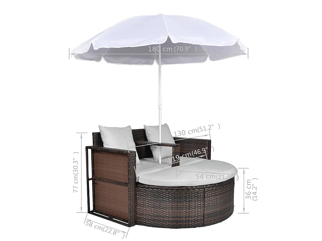 Lettino da Giardino con Ombrellone Marrone in Polyrattan