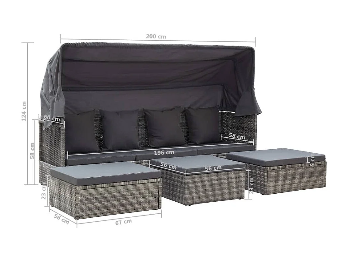 Tumbona cama jardín con techo ratán sintético gris