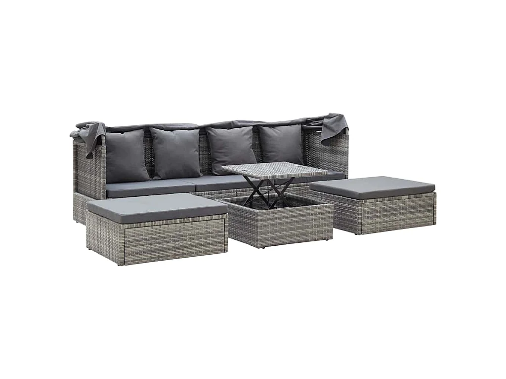 Lettino da Giardino con Tettuccio in Polyrattan Grigio Mélange