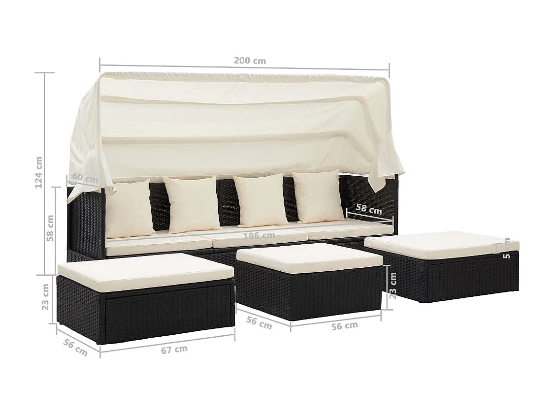 Lit de jardin avec toit Noir Résine tressée