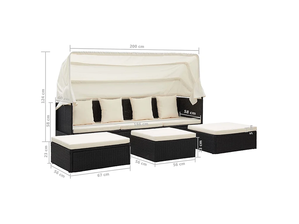 Lettino da Giardino con Tettuccio in Polyrattan Nero