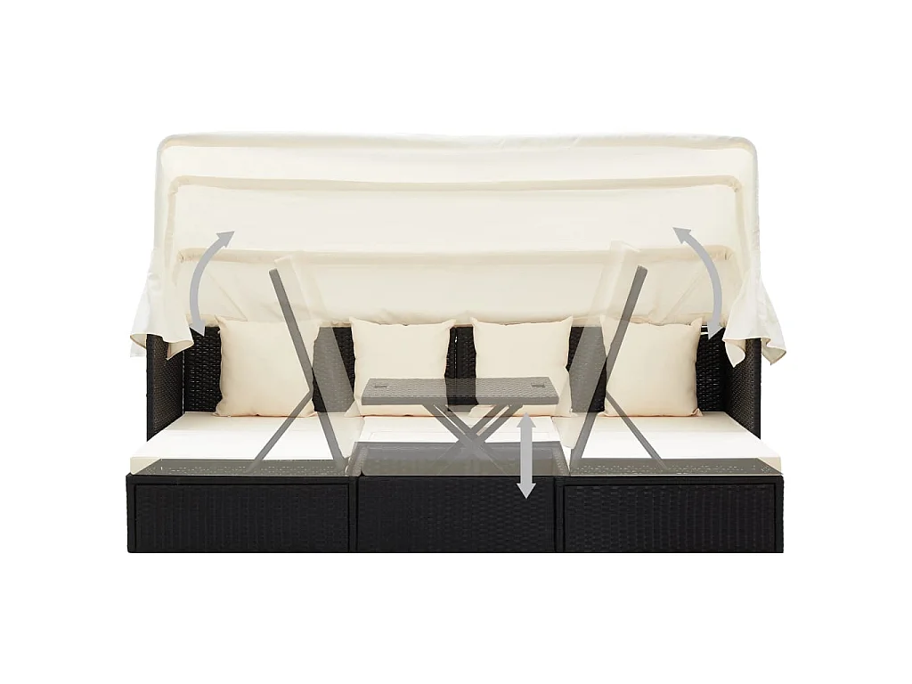 Lettino da Giardino con Tettuccio in Polyrattan Nero