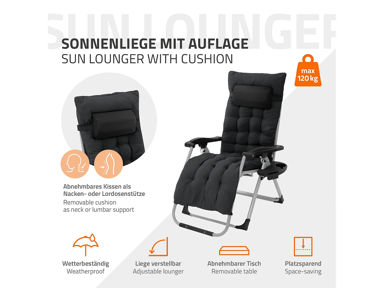 Sdraio con cuscino e porta bevande regolabile da giardino lettino patio spiaggia