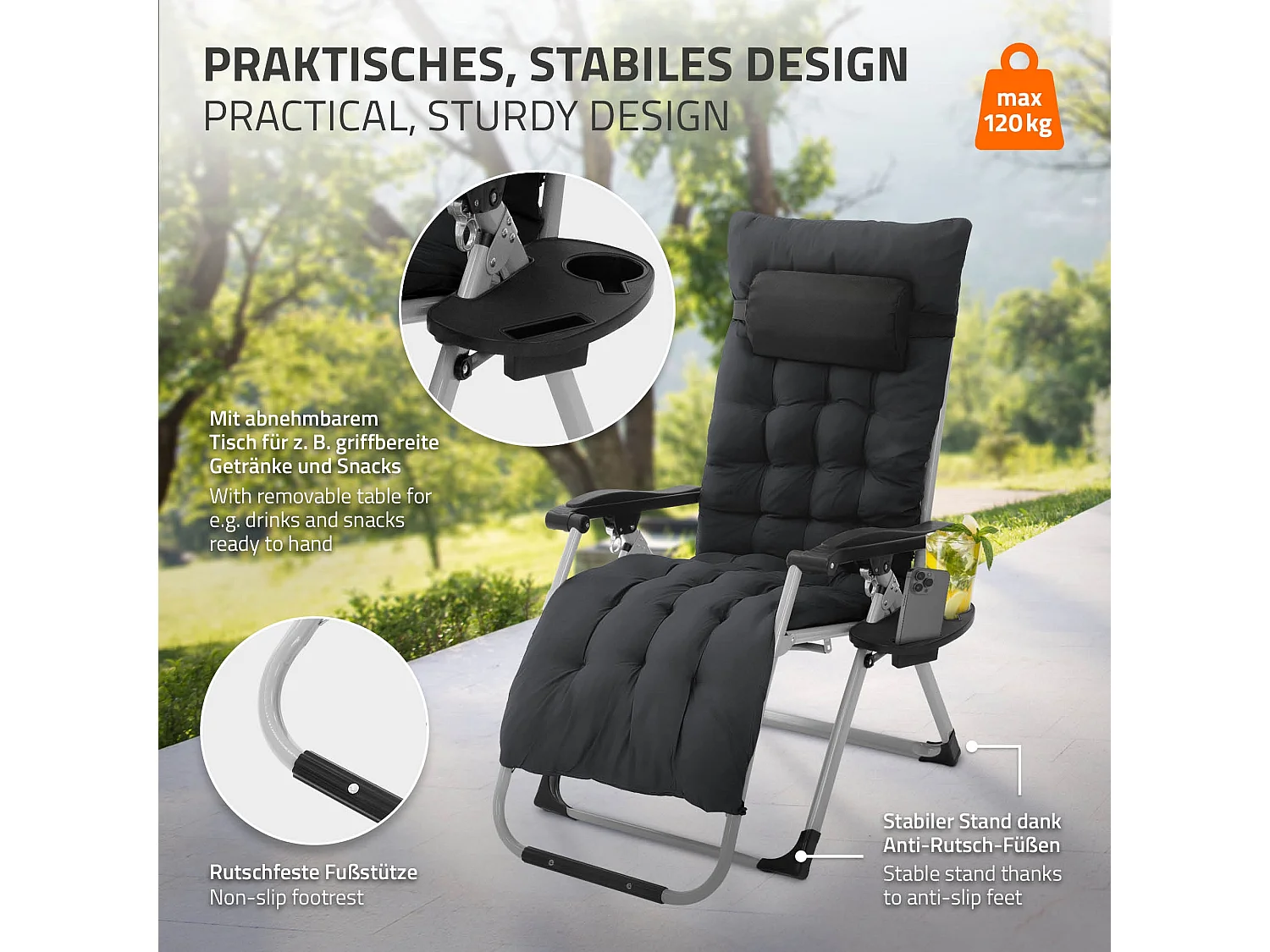 Sdraio con cuscino e porta bevande regolabile da giardino lettino patio spiaggia