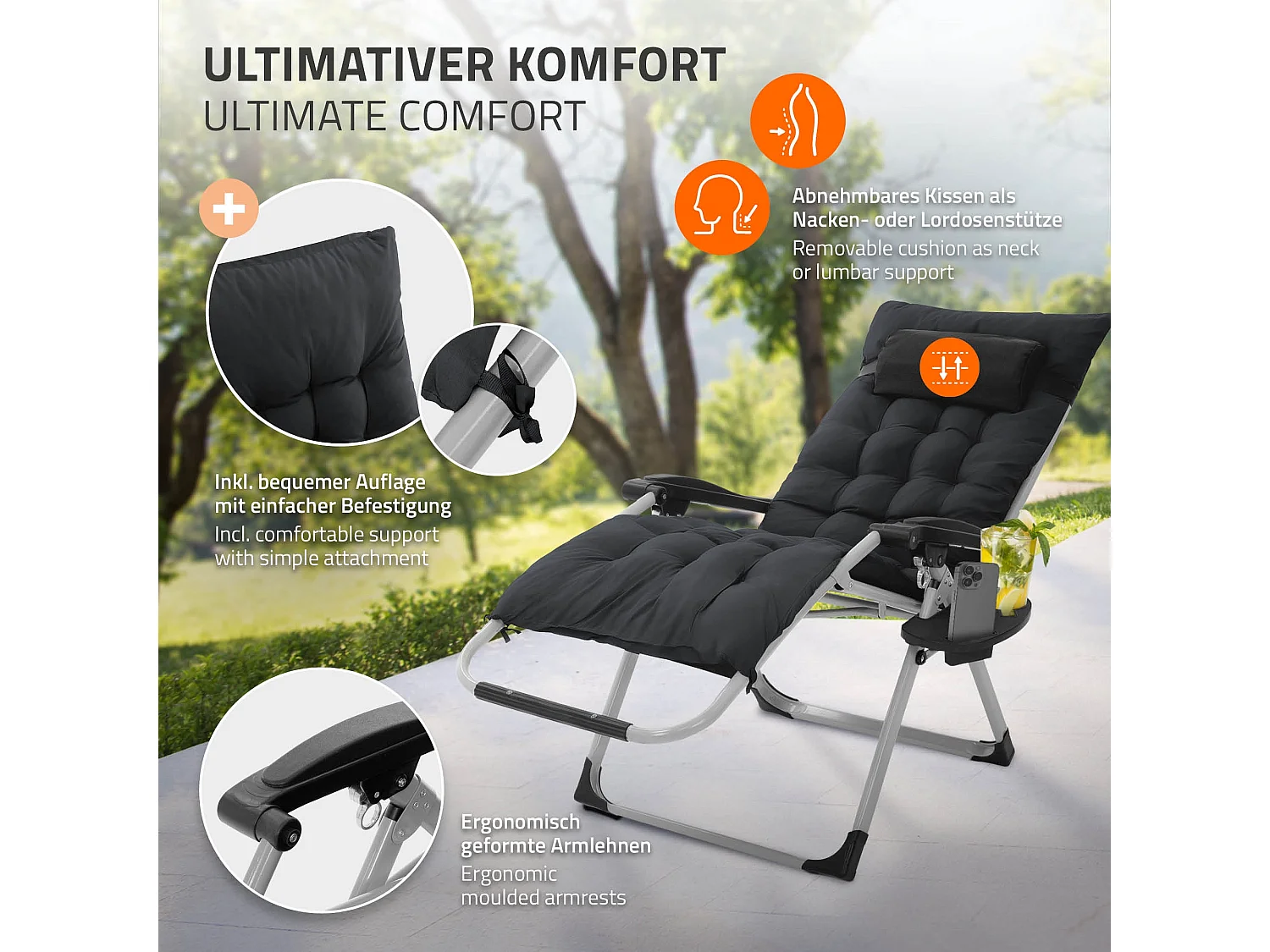 Sdraio con cuscino e porta bevande regolabile da giardino lettino patio spiaggia