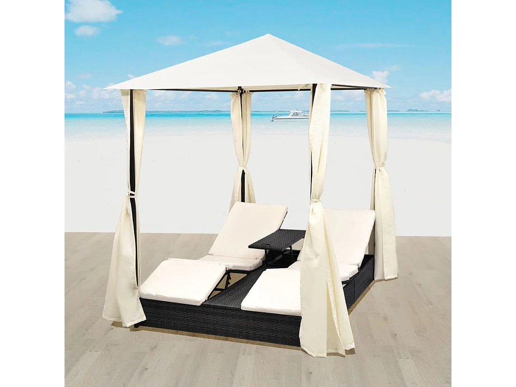 Chaise longue double avec rideaux Résine tressée Noir