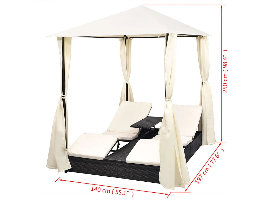 Chaise longue double avec rideaux Résine tressée Noir