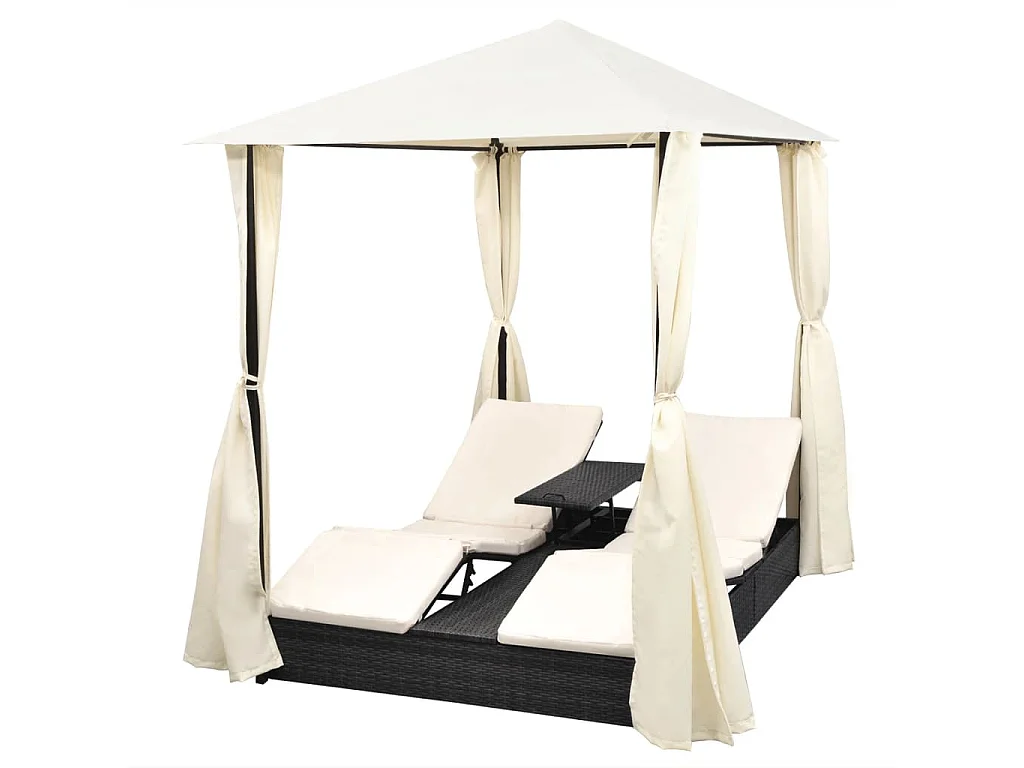 Chaise longue double avec rideaux Résine tressée Noir