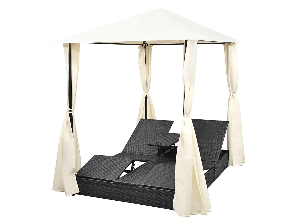 Chaise longue double avec rideaux Résine tressée Noir
